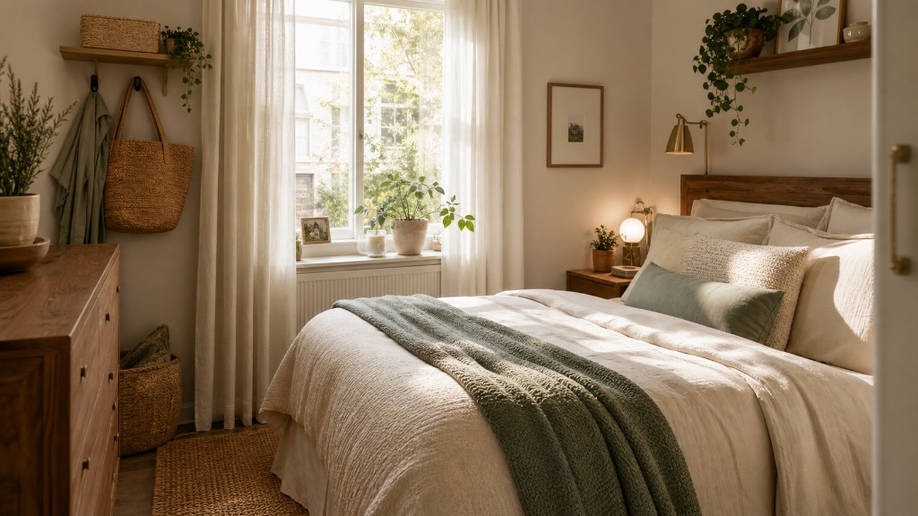 Cozy small bedroom with warm neutral bedding and renter-friendly storage
