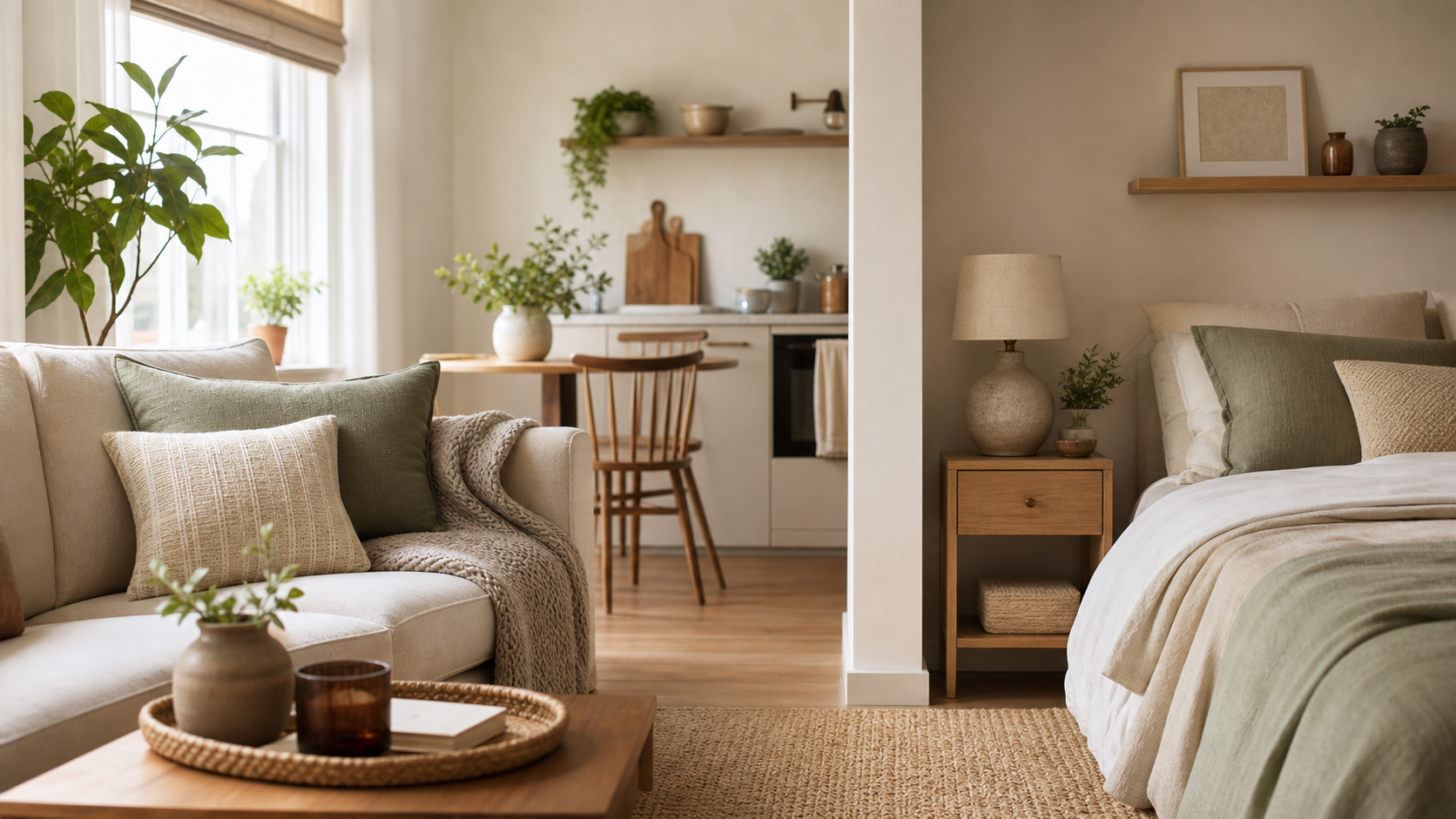 Warm neutral studio apartment with separate living, kitchen, and sleeping zones.